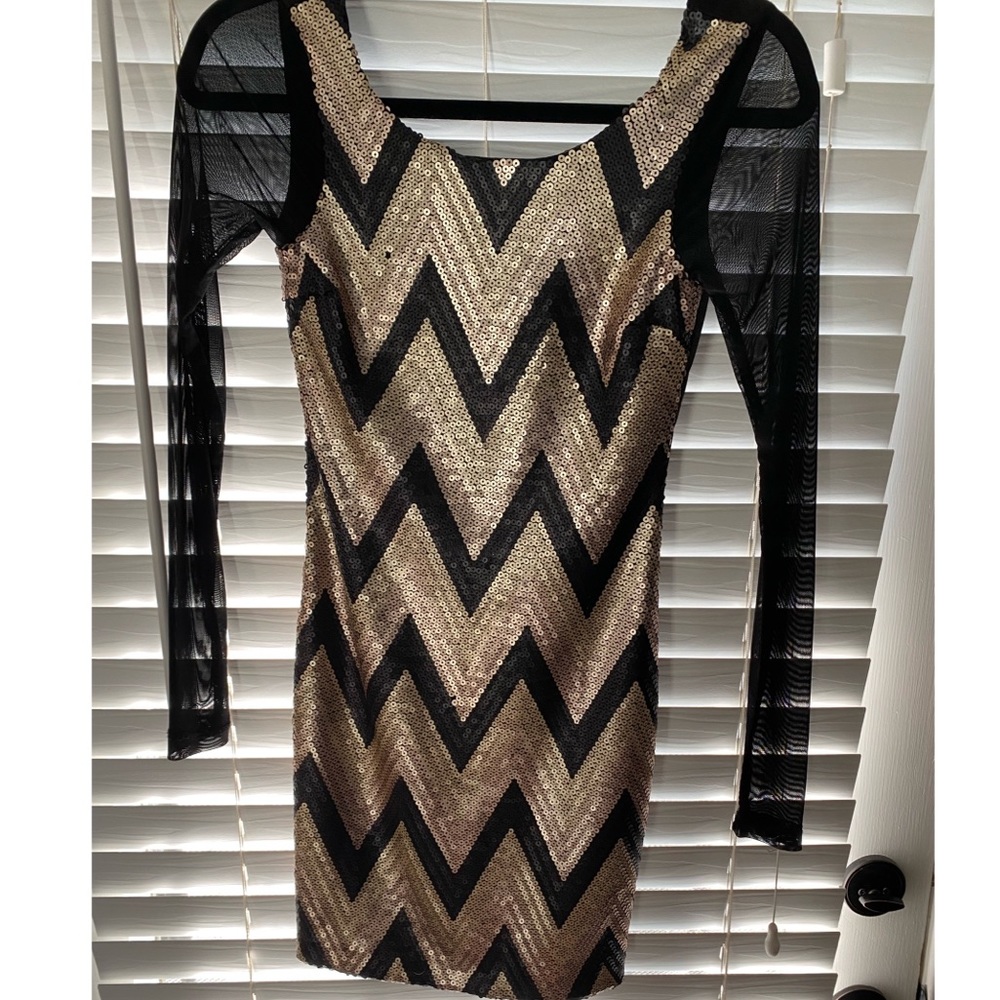Black and Gold Sequin Dress with Sheer Sleeves